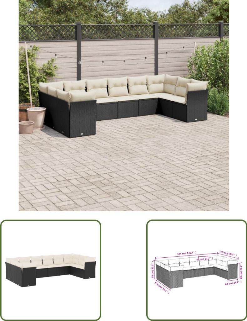 The Living Store 10-tlg. Garten-Sofagarnitur mit Kissen Schwarz Poly Rattan