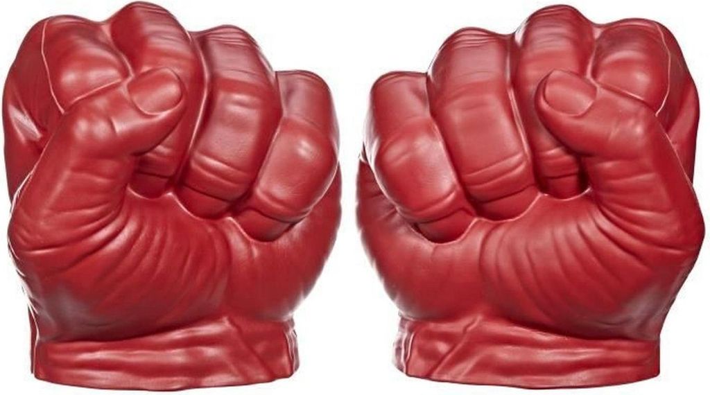 A pair of red Hulk fist-shaped hand grips.