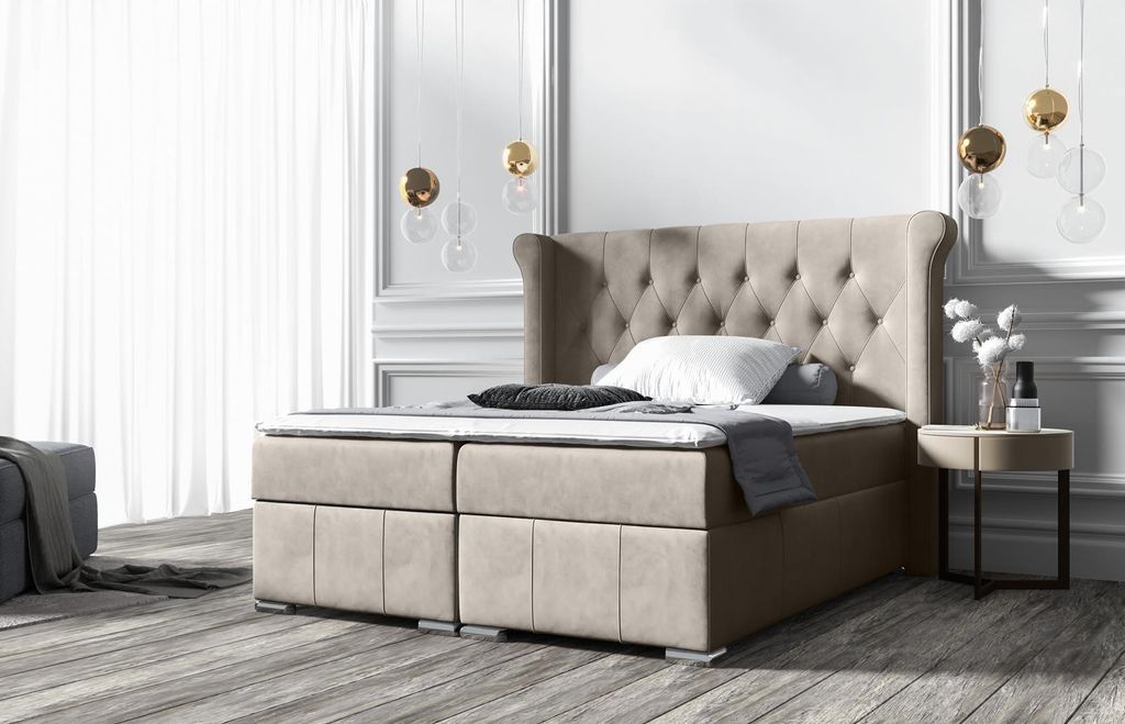 Beautysofa Boxspringbett Massi, 2 Bettkästen, Bonnellfederkernmatratzen, Kopfteil gesteppt (Stoff: Matt Velvet 09 - Grau-Beige, Breite: 200 cm)