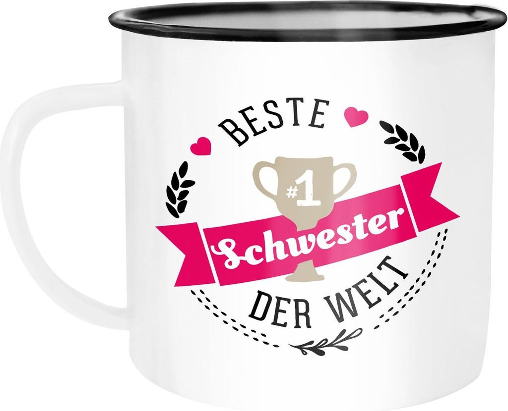 Emaille Tasse Becher Beste Papa, Mama, Oma, Opa, Chef, Chefin, Freund, Freundin der Welt Kaffeetasse Moonworks Schwester weiß-schwarz unisize
