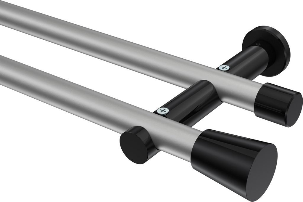 Interdeco Gardinenstange / Vorhangstange Silbergrau / Schwarz, Typ Platon Sitra (Konus) ohne Ringe, 20 mm Ø 2-läufig, 100 cm