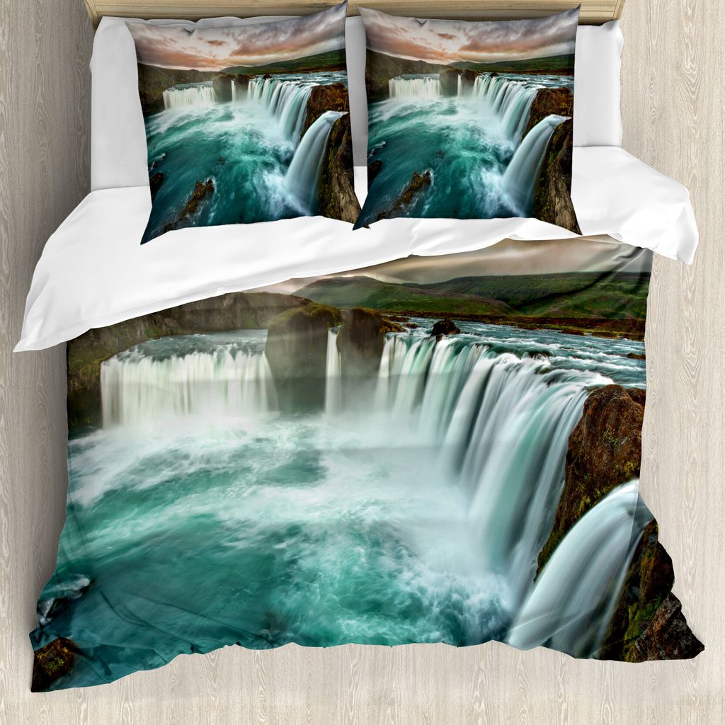 ABAKUHAUS Wasserfall Bettbezug, Wilde Natur Wasserfall, Milbensicher Allergiker geeignet mit Kissenbezügen, 200 cm x 200 cm - 80 x 80 cm, Mehrfarbig
