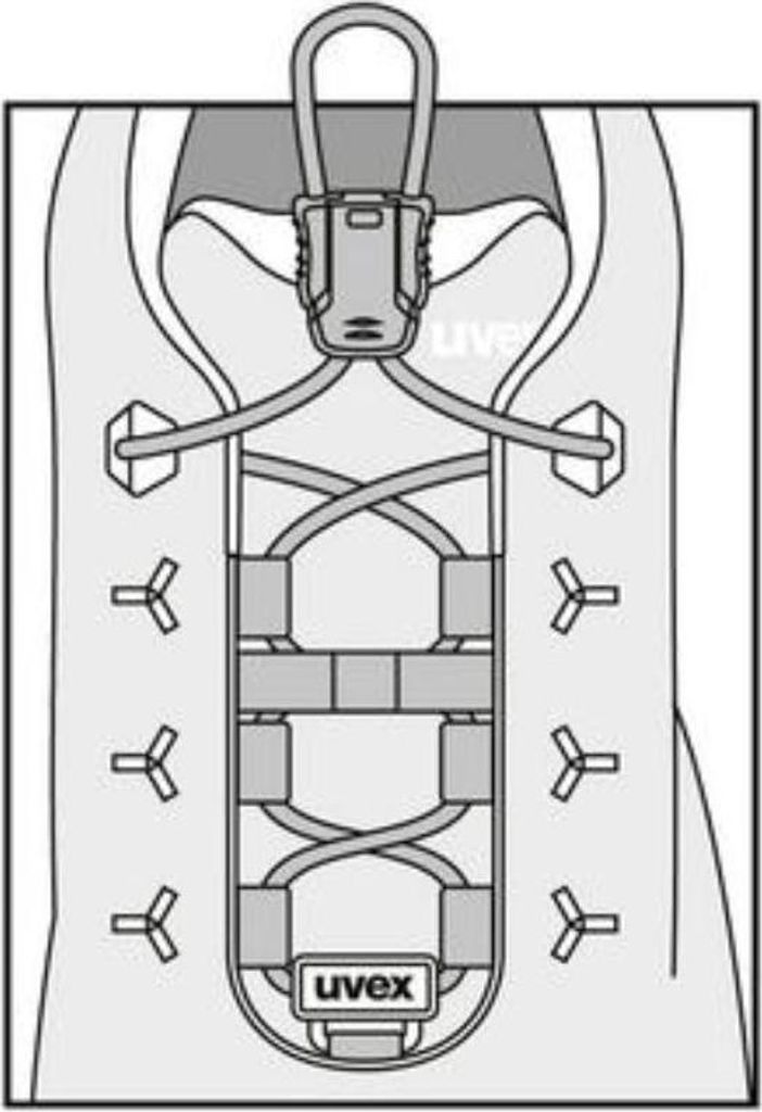 An illustration showing how to lace and fasten a shoe with elastic laces and a locking mechanism.