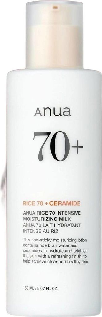 A white bottle of Anua Rice 70 Intensive Moisturizing Milk.
