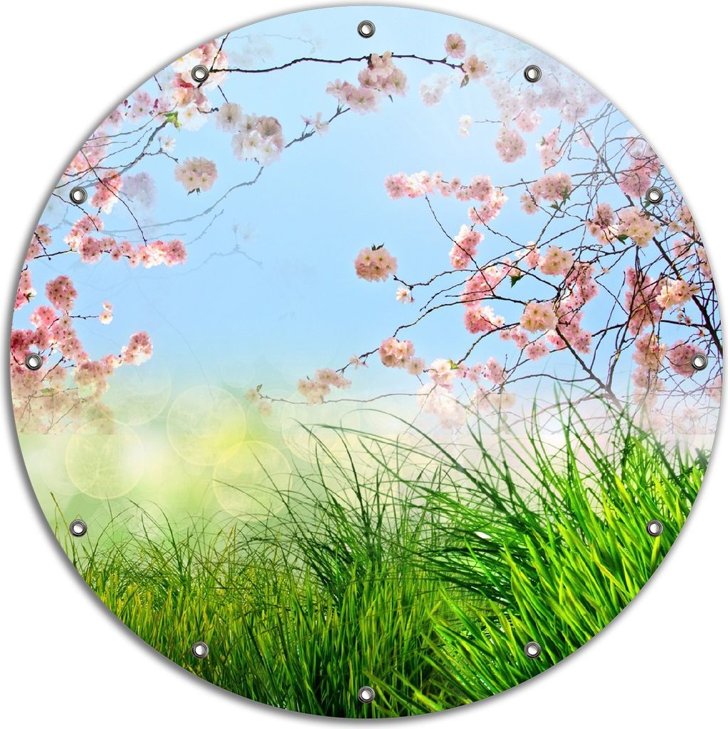 Wallario rundes Outdoor-Poster für Garten oder Balkon, Motiv Kirschblütenzweige und grüne Wiese- Frühling, 90 cm Durchmesser