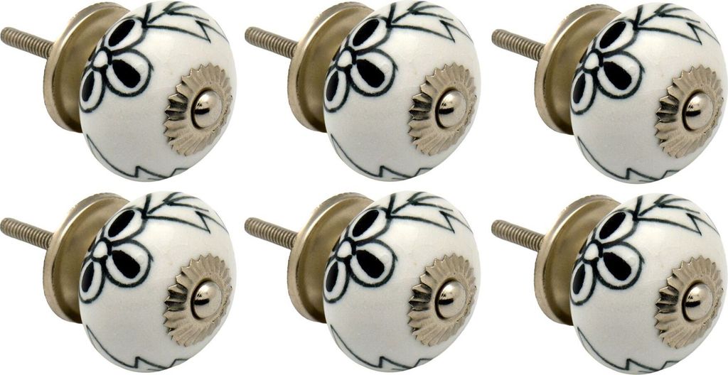 Runde Möbelknöpfe aus Keramik von Nicola Spring – Schwarze Blume – 6er-Pack