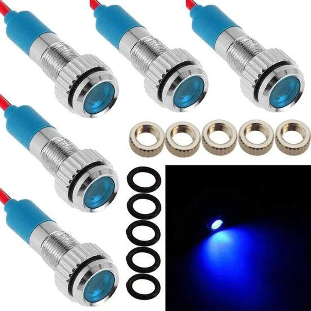 Lot de 5 voyants LED 6mm 12V étanches en métal bleu pour tableau de bord