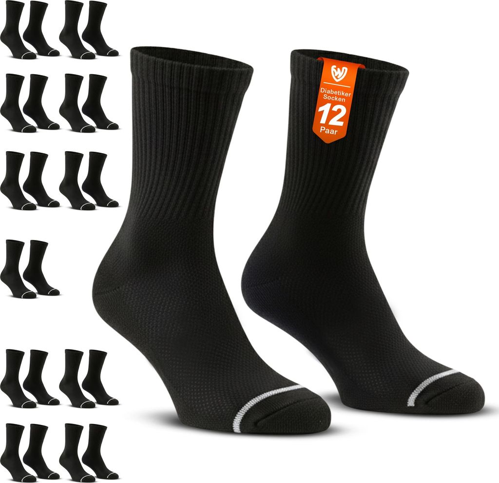 Diabetikersocken 12er-Paar aus weichem Baumwollstoff für komfortable, tägliche Fußgesundheit, Farbe:Schwarz, Größe:39-42
