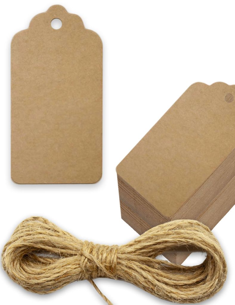 HOMETOOLS.EU - 100 Kraft-Papier, Natur-Karton, Geschenk-Anhänger, Papier-Anhänger, Papier-Schilder, Label, Papp-Schildchen, 4 x 2 cm, mit 5m Ju...
