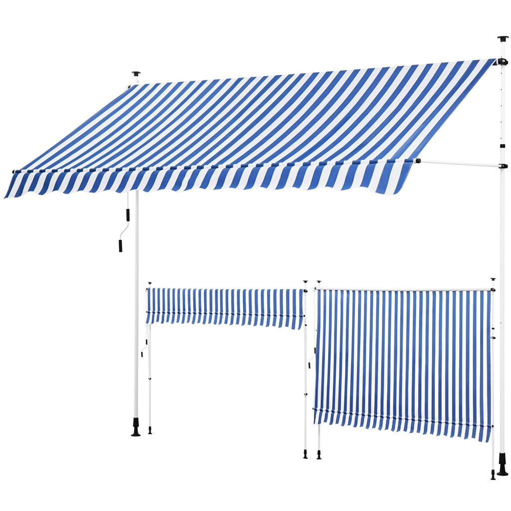 Yaheetech Balkonmarkise mit Handkurbel 300x180cm Klemmmarkise Sonnenschutz ohne Bohren Sonnenmarkise höhenverstellbar Blau-Weiß