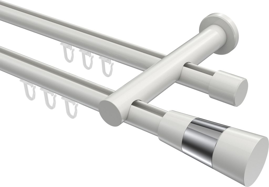 Interdeco Innenlaufstange / Gardinenstange mit Innenlauf Weiß, Typ Platon Tanara (Konus Bicolor), 20 mm Ø 2-läufig, 260 cm