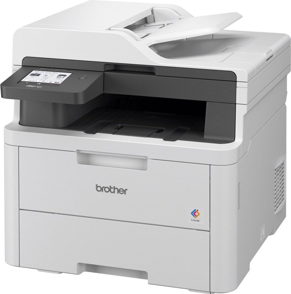 A white Brother multi-function printer is shown from a 3/4 front angle on a white background.