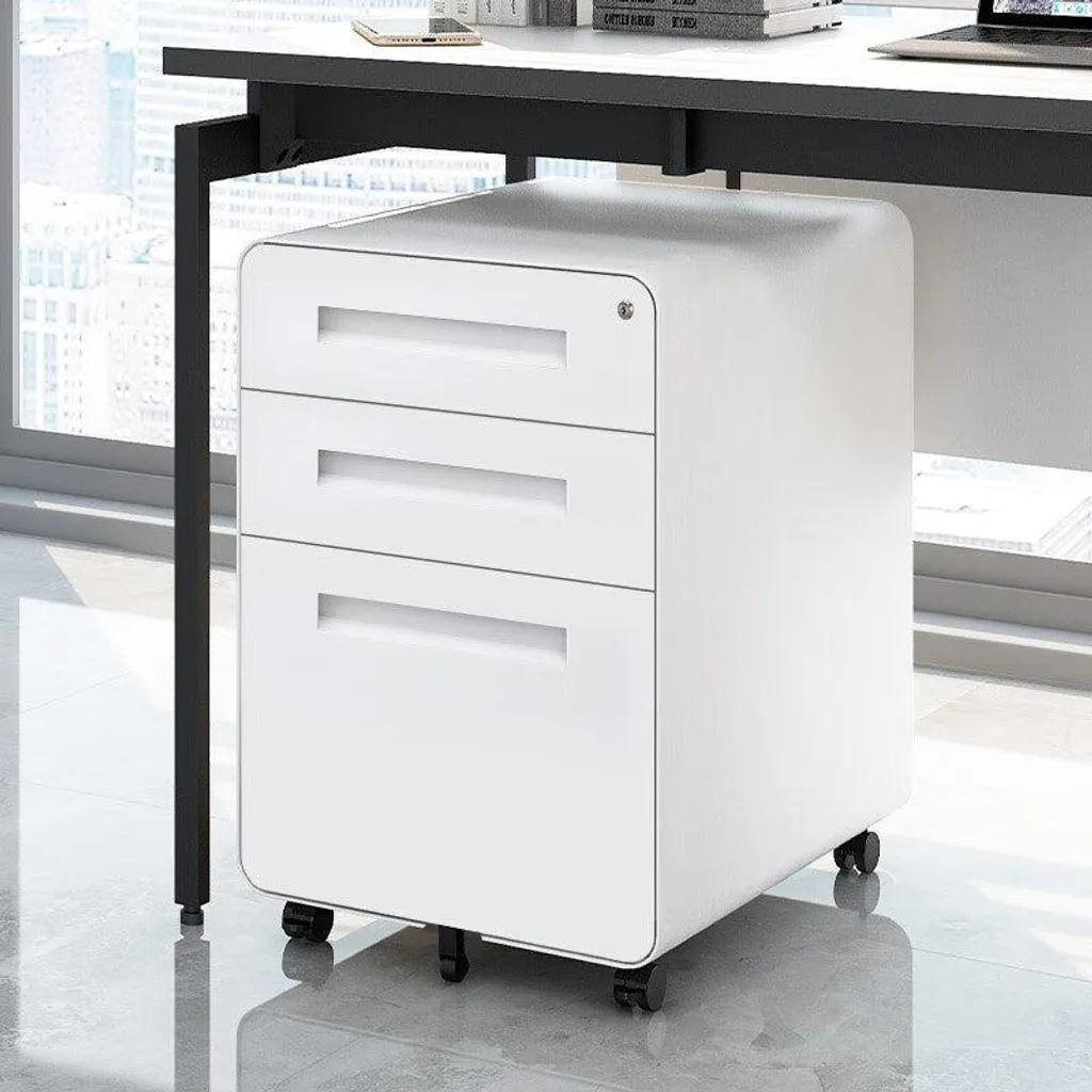 Caisson de bureau à roulettes avec 3 tiroirs de rangement blanc mat - 4