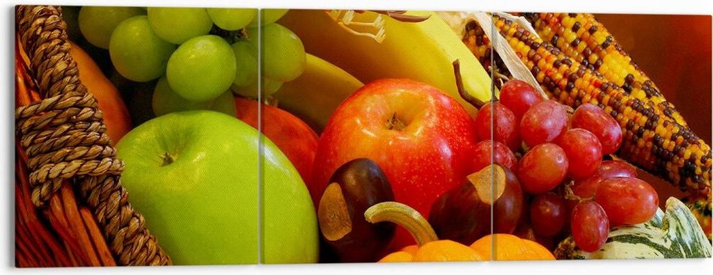 Bild auf Leinwand - Leinwandbild - Weidenkorb Obst Gemüse - 150x50cm - Wand Bild - Wanddeko - Leinwanddruck - Bilder - Kunstdruck - Wanddekoration...