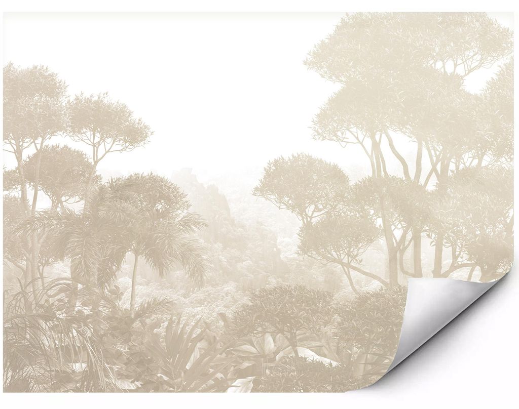 Fototapete Für Die Wand Nebliger Tropischer Dschungel Mit Palmen Und Exotischen Bäumen In Hellen Beigetönen Natürliche Landschaft 150x105 cm