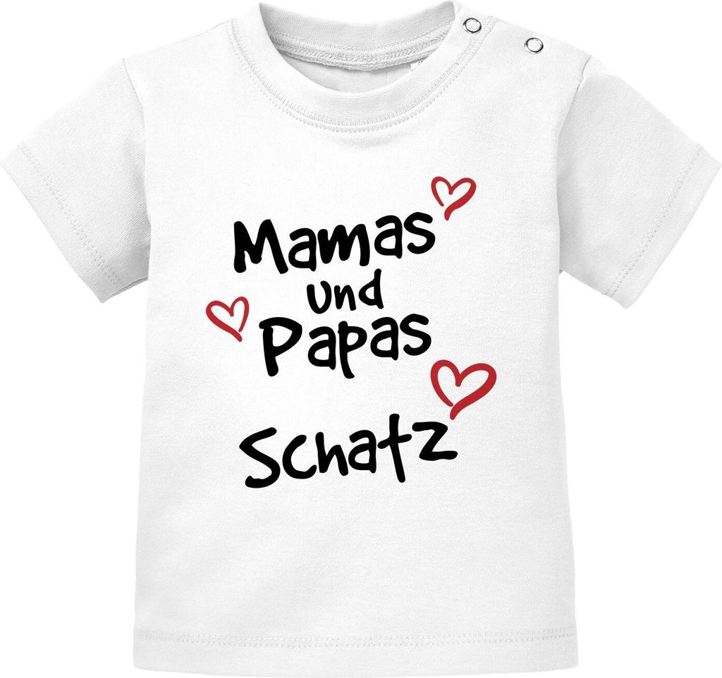 Baby T-Shirt kurzarm mit Spruch Mamas und Papas Schatz mit Herzen Jungen Mädchen Shirt Moonworks weiß 56/62 (1-3 Monate)