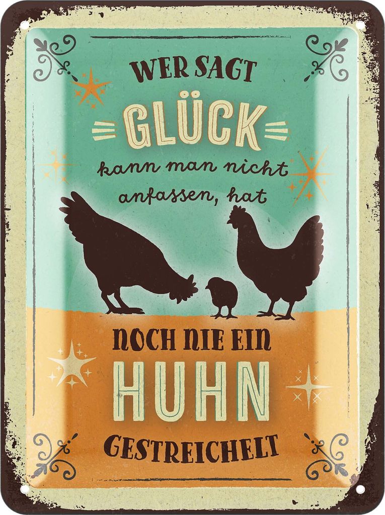 LANOLU Retro Blechschild Hühnerstall - Wer sagt Glück, Produktbild 