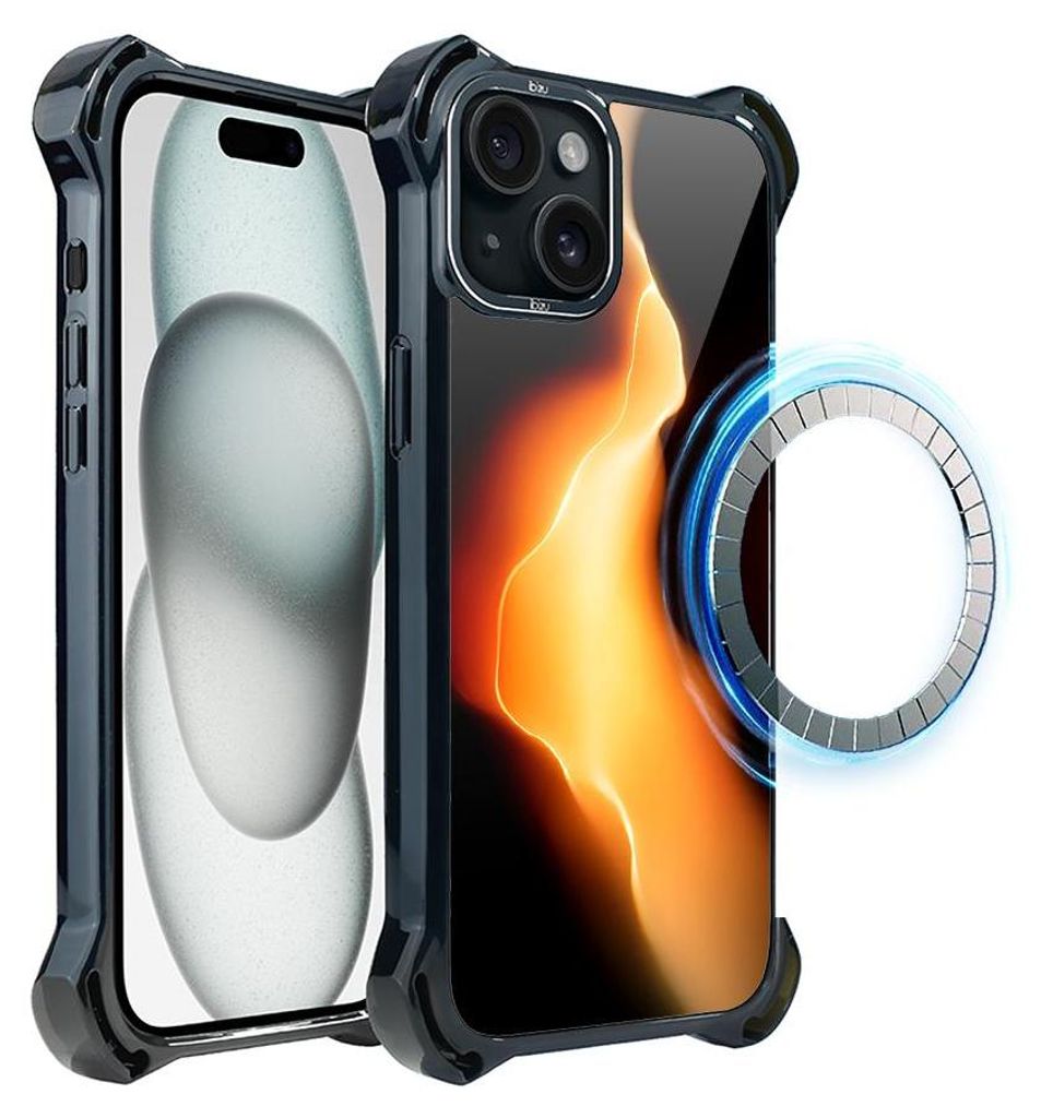 Schutzhülle für das iPhone 15 Plus, MagSafe-kompatibel, verstärkte Ecken, schwarz, Flamme
