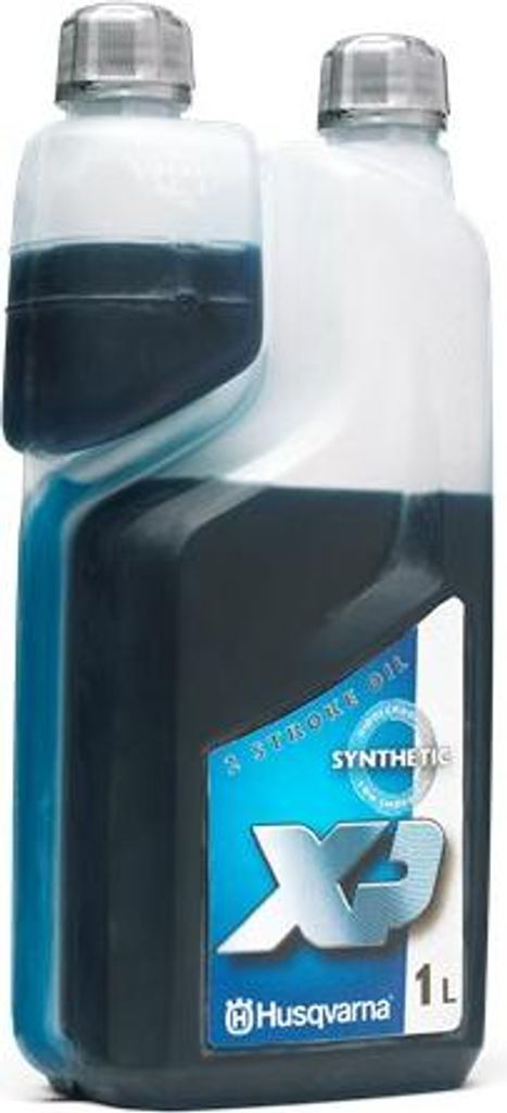 A bottle of Husqvarna XP synthetic 2-stroke engine oil.