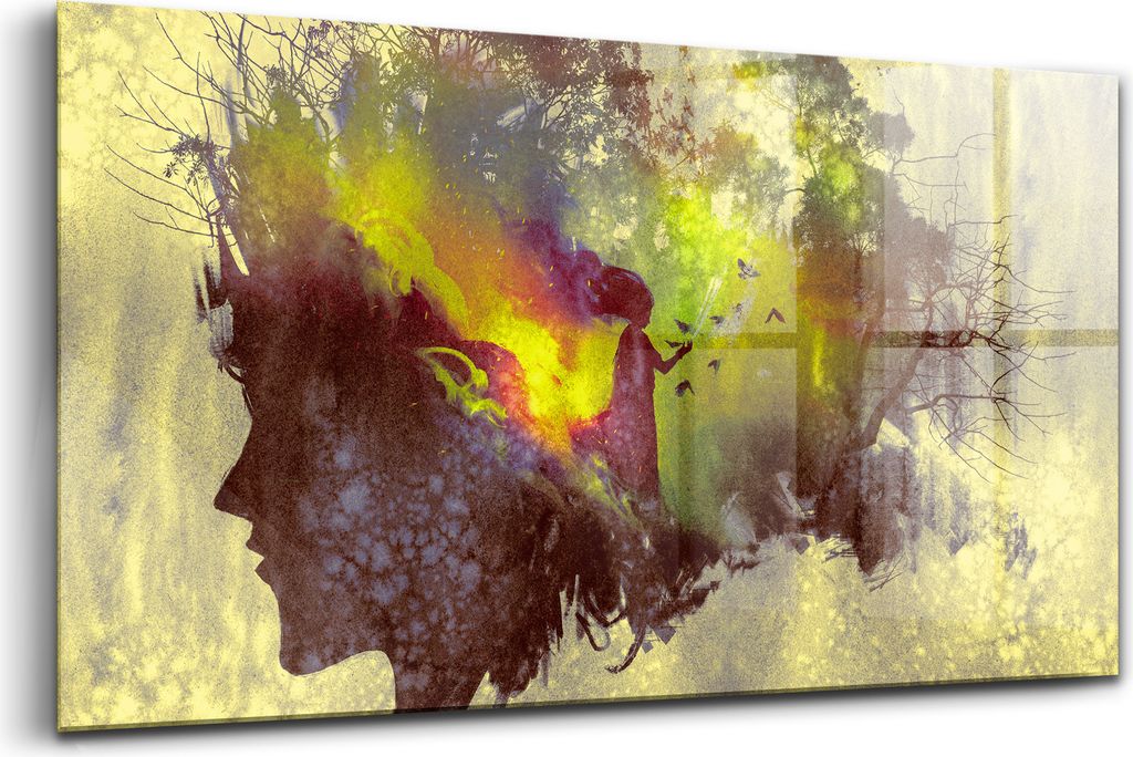 120x60 - Wandmalerei auf Glas- Wanddekoration aus Glas - Frau im Wald