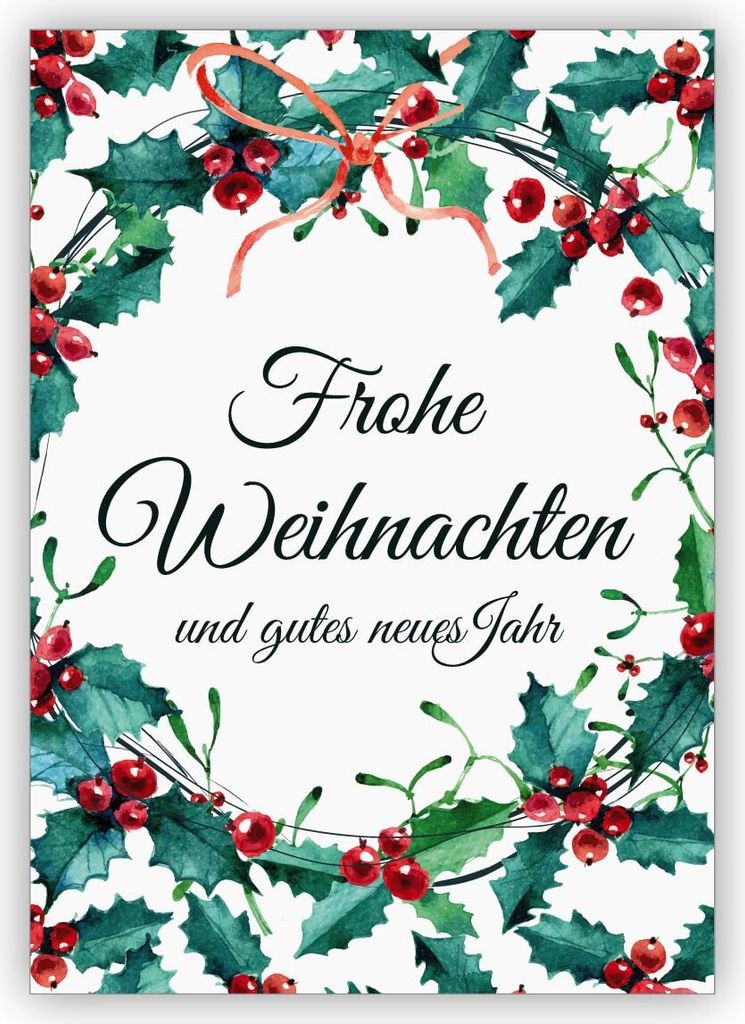 4x Elegante Weihnachtskarte mit klassischen roten Beeren und Weihnachts Grün: Frohe Weihnachten und gutes neues Jahr