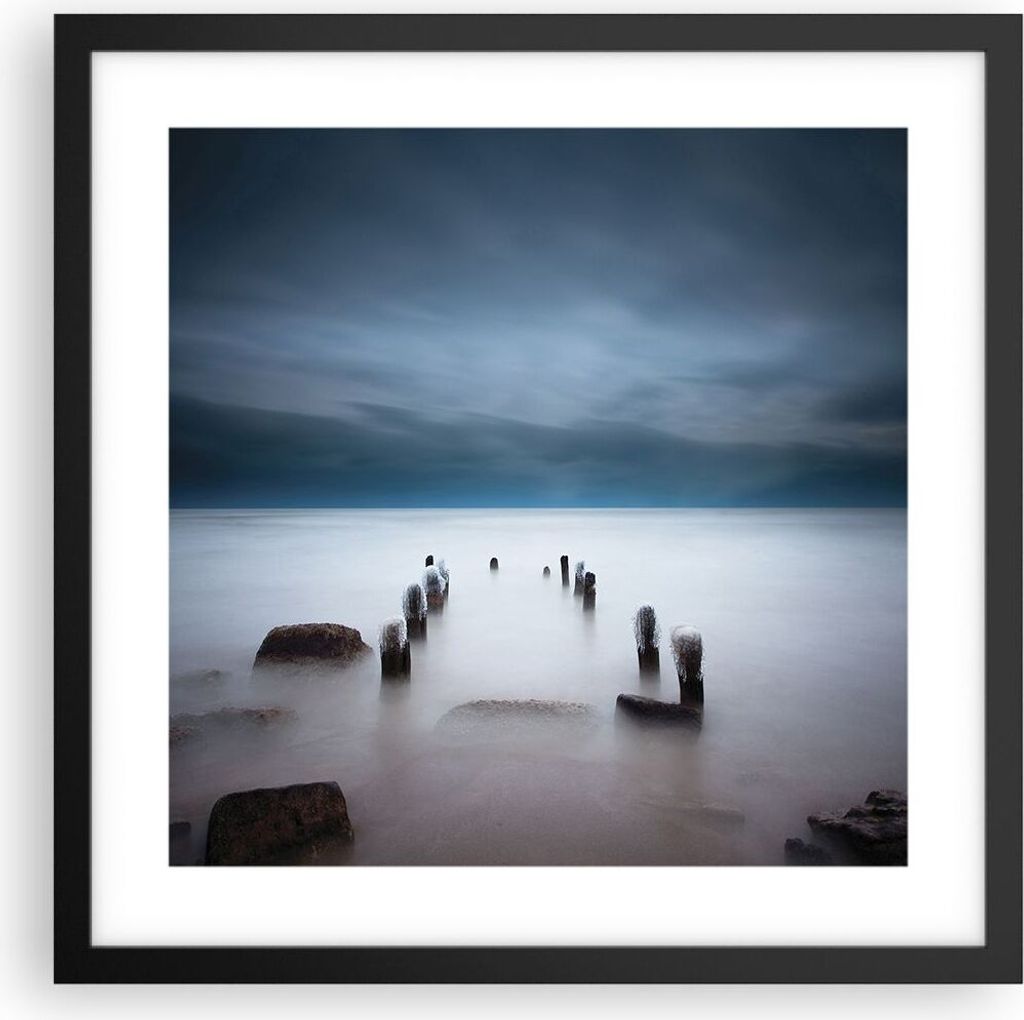 Gerahmtes Poster - Schwarzer Rahmen - Wellenbrecher Nebel Nacht - 40x40 cm - Wand Bild - Wanddeko - Wandbilder - Kunstposter - Wandposter - Bilderr...