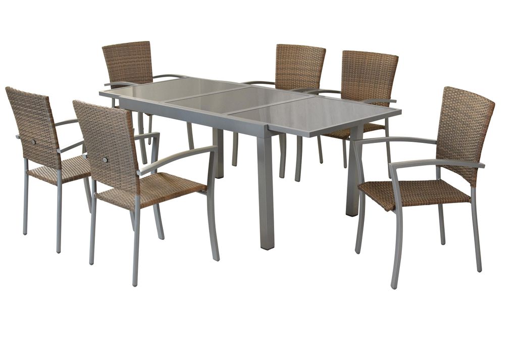 Merxx Gartenmöbel Set Savona 7tlg., 6 Stapelsessel, Ausziehtisch 140 (200) x 90 cm, Aluminium/Polyrattan