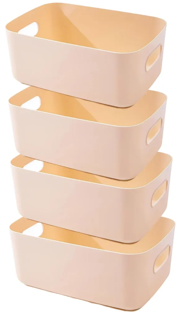 Organiseur de salle de bain beige en plastique épais, lot de 4 bacs