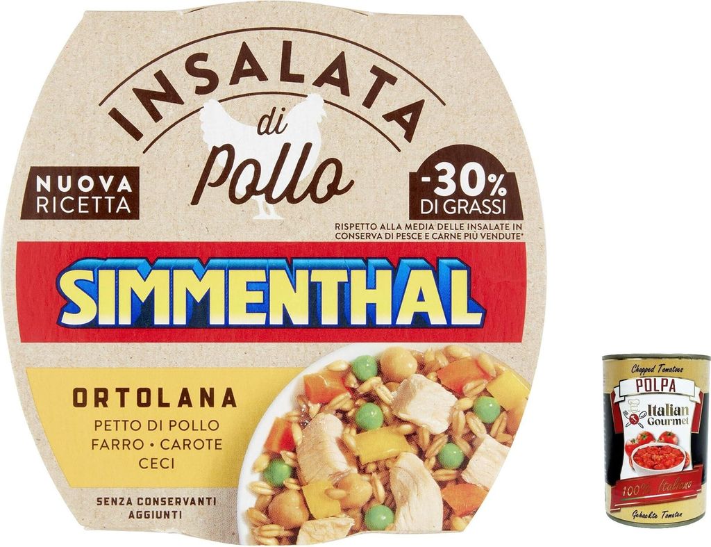 3x Simmenthal Ortolana, Hähnchenbrustsalat mit Dinkel, Kichererbsen, Karotten und Erbsen, 160 gr + Italian Gourmet polpa 400g
