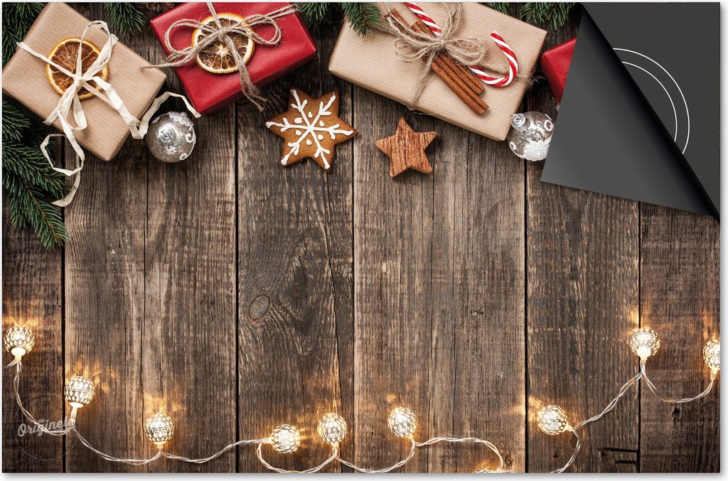 Induktionsschutz 83x51,5 - abdeckplatte Induktion matt- Dietrix Kochfeldschutz- Base - Weihnacht- Holz mit Geschenke und Weihnachtszweige