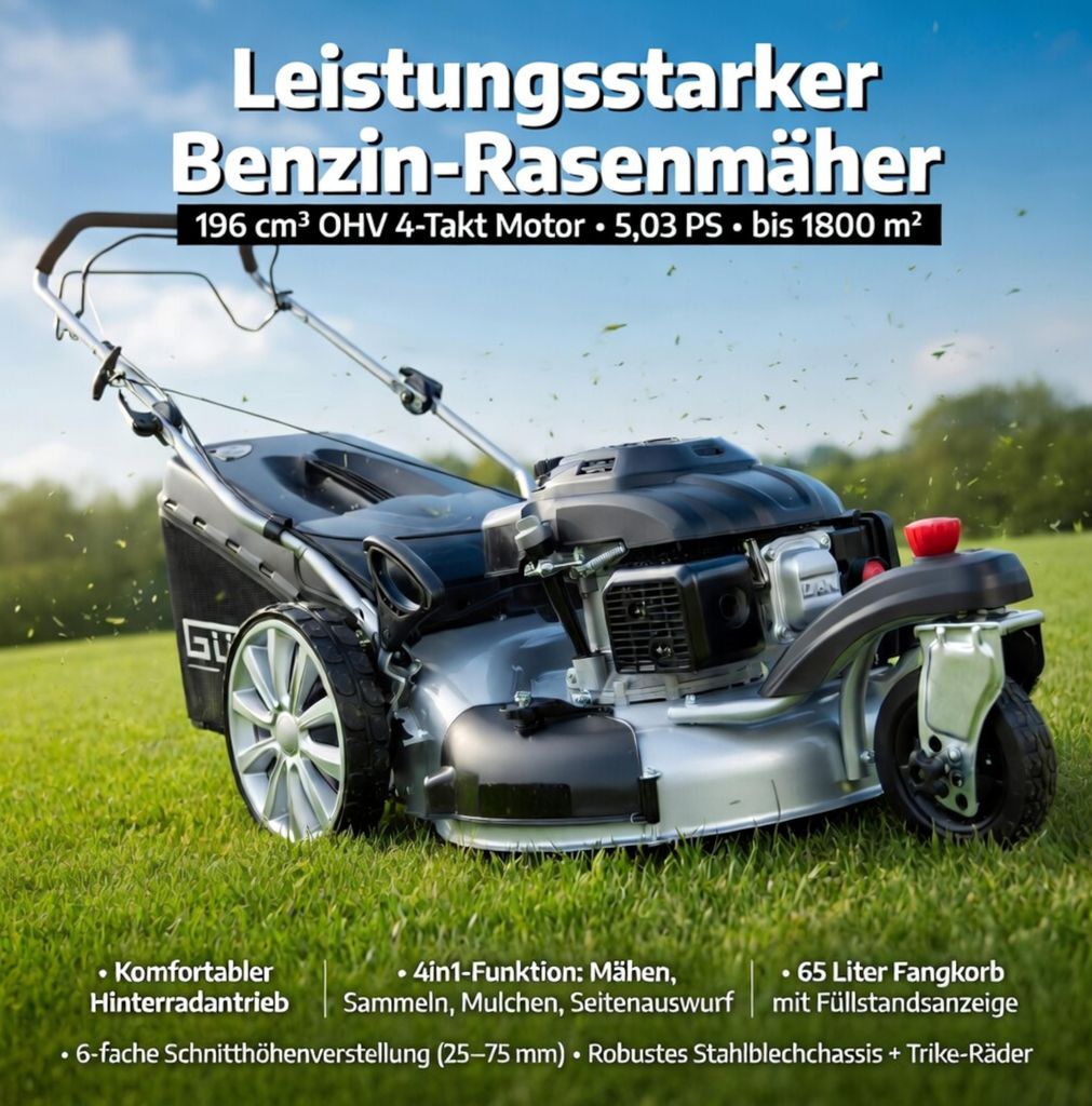 GÜDE Rasenmäher Benzin mit Antrieb Trike Premium Big Wheeler Trike 515D 4in1