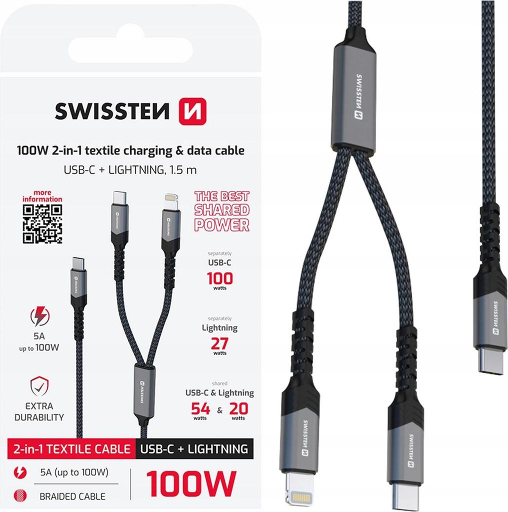 Swissten, 2-in-1 Kabel 5A USB-C/Lightning 100W 1.5 m, Produktbild 