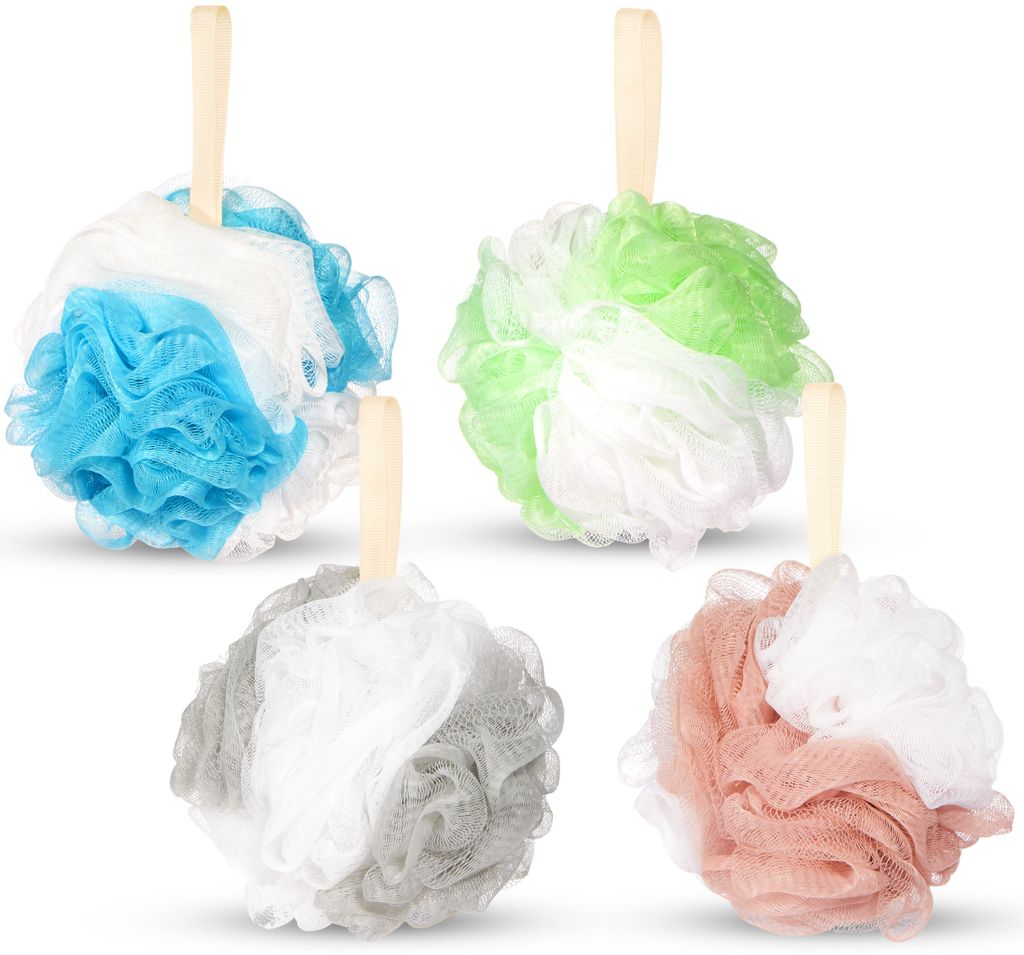 BRUBAKER 4er Set Badeschwamm Duschschwamm - 50 g Badeknäuel - Massageschwamm für Peeling und Massage - Peelingschwamm - Rosa, Grün, Blau und Grau