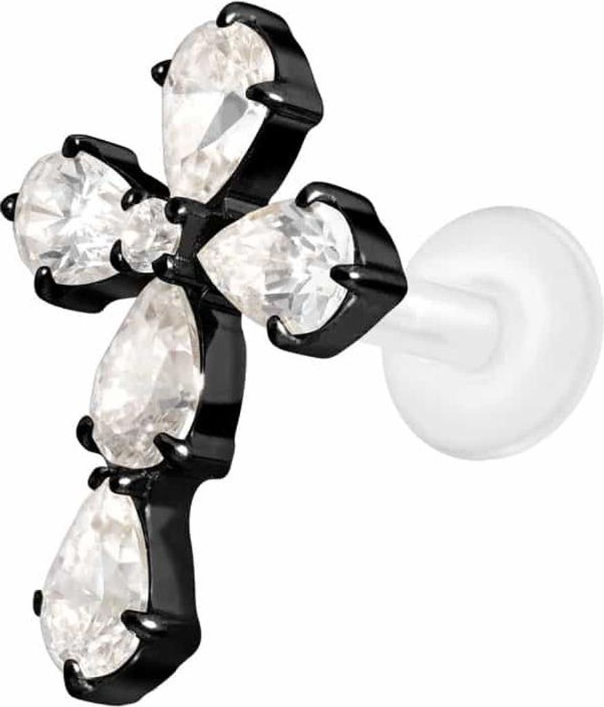 Ohrpiercing, Nasenpiercing PTFE Labret mit Innengewinde + Titan-Aufsatz KRISTALLKREUZ Schwarz Stablänge: 10mm | Stabstärke: 1,2mm