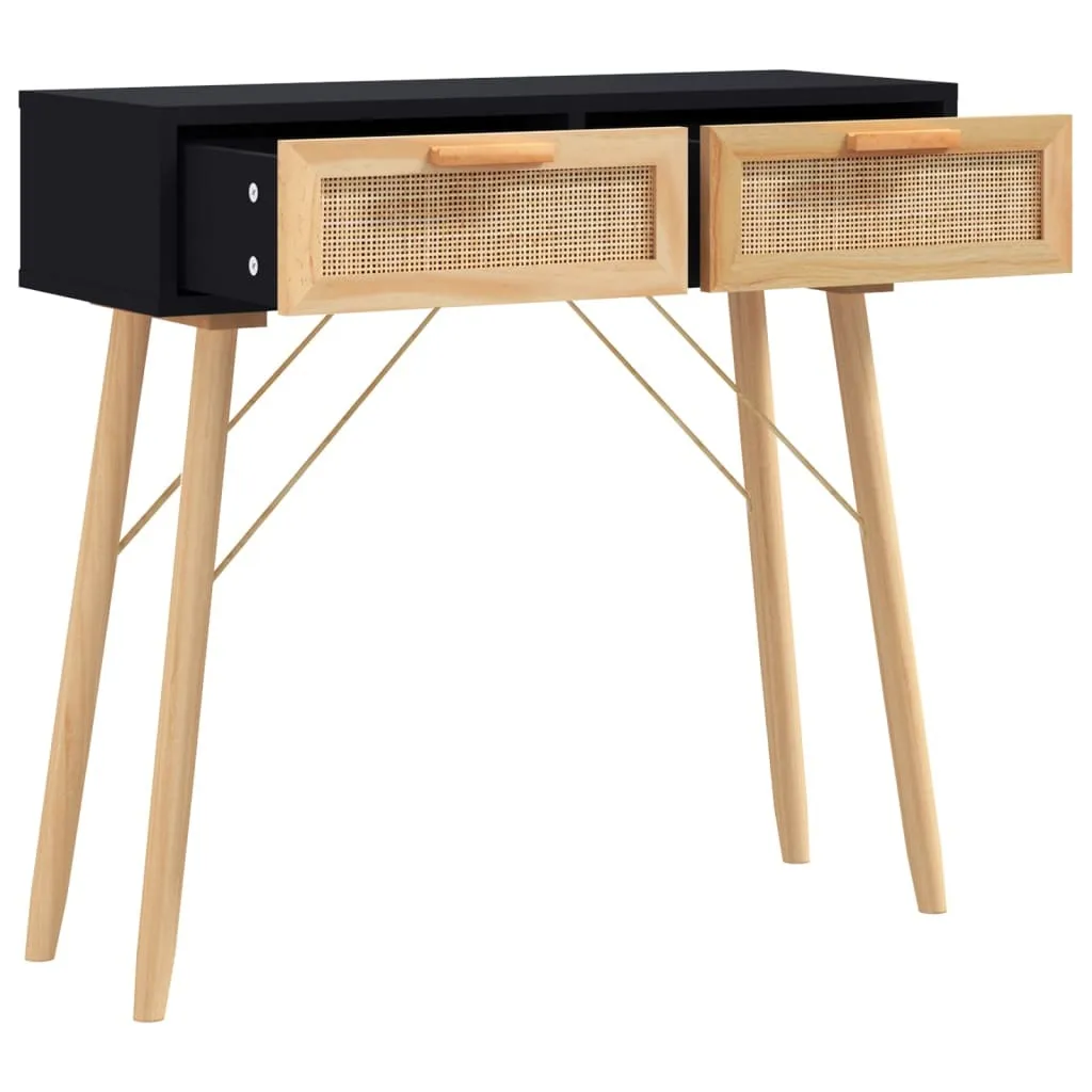 Consolle Nera 80x30x75cm Legno di Pino e Rattan | Offerta Esclusiva - 3