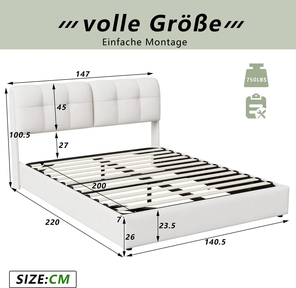 Lit double 140x200 cm avec coffre de rangement, idéal pour petit espace - 4