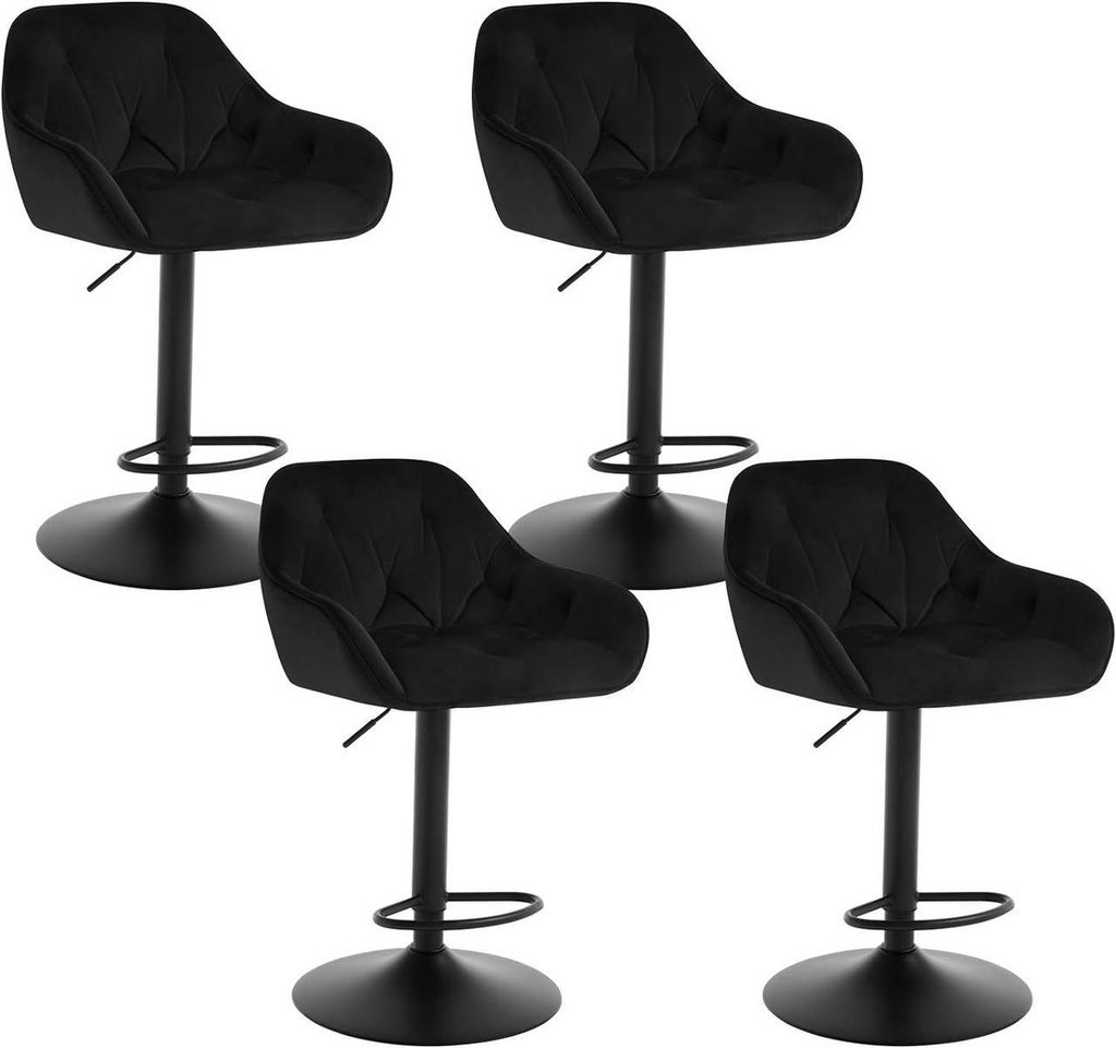 Four black bar stools are arranged in a grid formation against a white background.