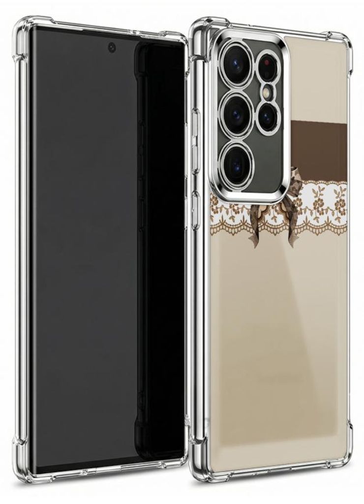 Personalisierte Hülle mit Bild für Samsung Galaxy S23 Elektroplattiert TPU Stoßdämpfer Handyhülle mit Beige-braunes Spitzenschleifenmuster