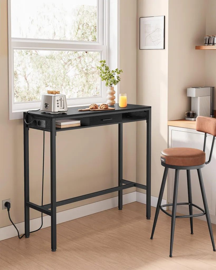 Table de bar avec tiroir et prises pour ranger et charger mobile