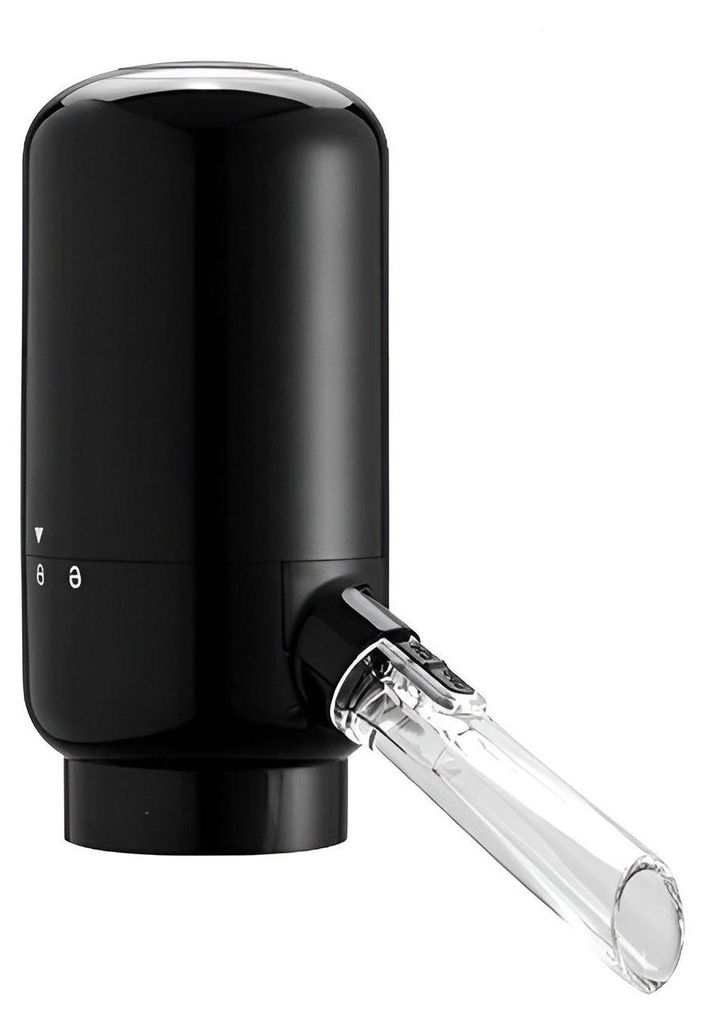 A black electric wine dispenser with a clear spout is shown against a white background.