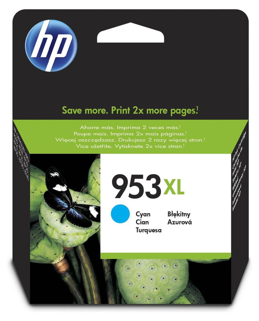The image shows the packaging of an HP ink cartridge with a butterfly on a lotus pod.