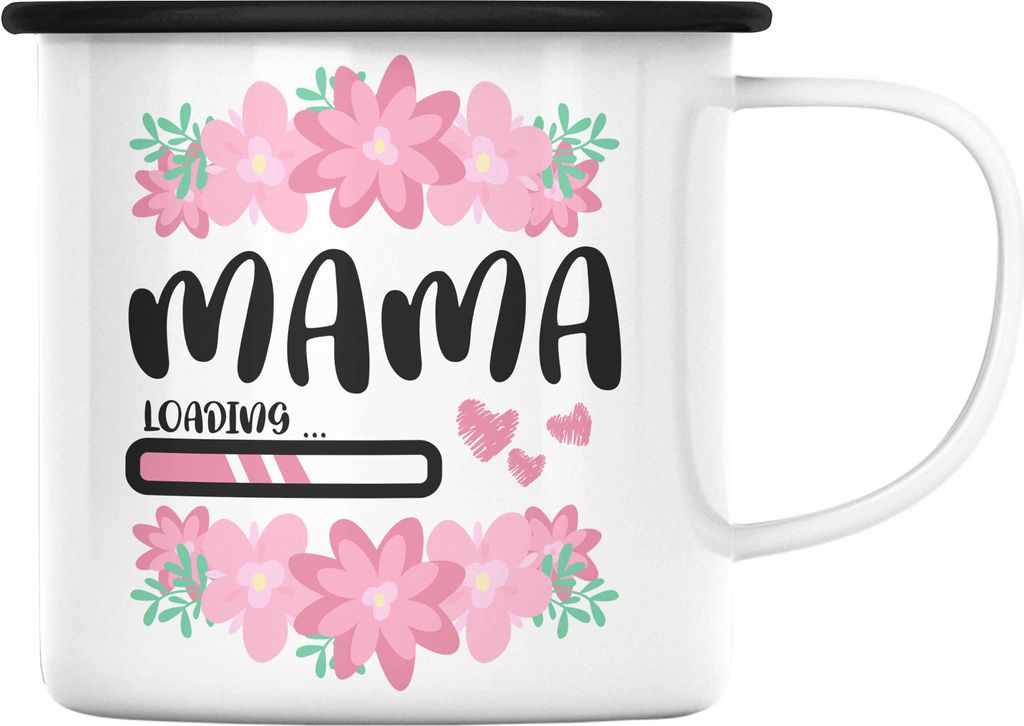 Trendation - Mama Loading Emaille Tasse Rosa Geschenk Schwangerschaft Baby Emaille Emaille Tasse Schwangerschaftsankündigung (Schwarz)