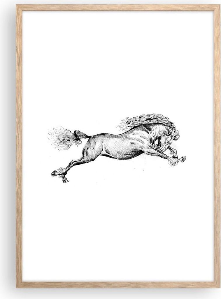 Gerahmtes Poster - Rahmen in heller Eiche - Pferd Zeichnung Bleistift - 50x70 cm - Wand Bild - Wanddeko - Wandbilder - Kunstposter - Wandposter - B...