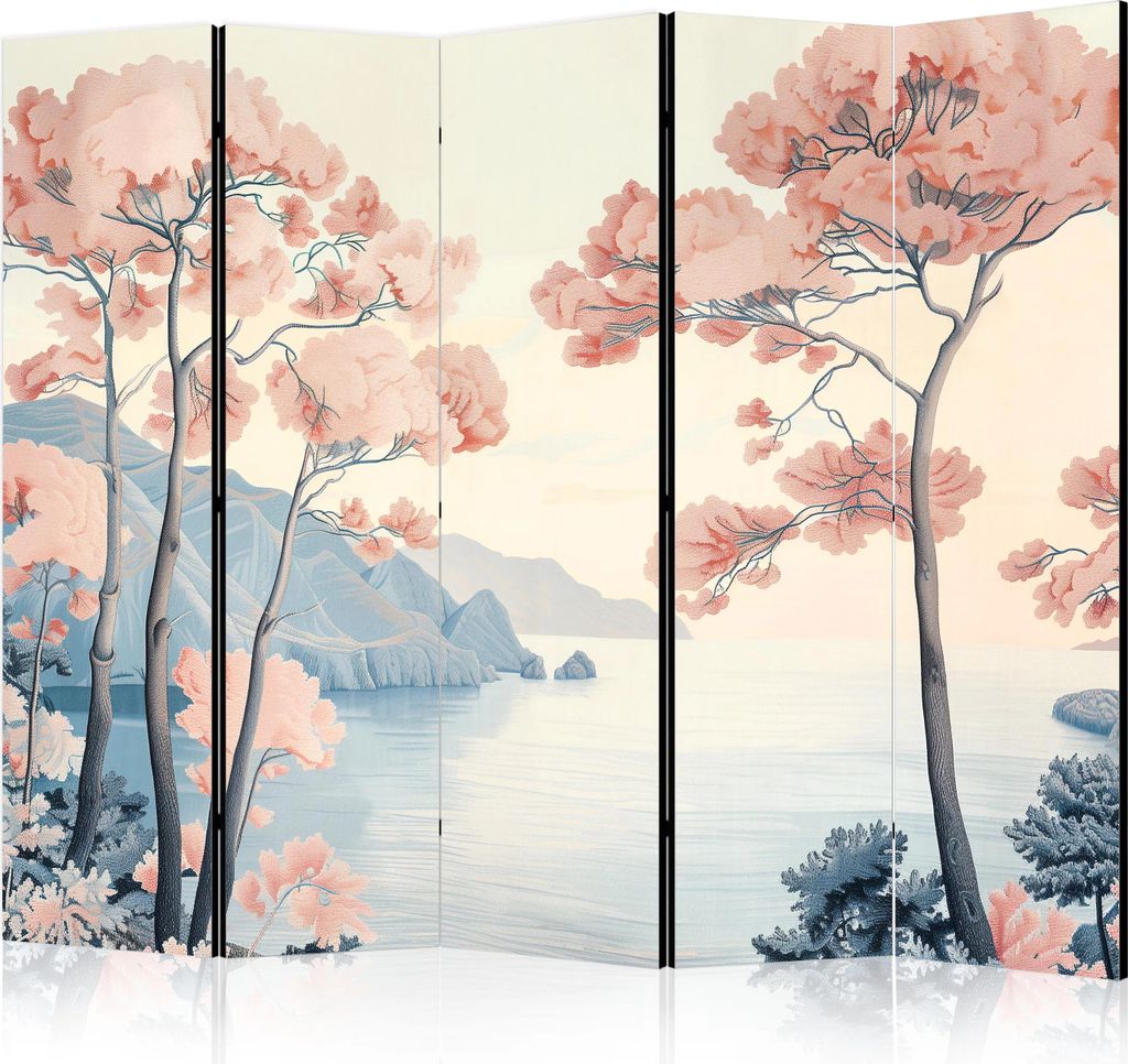 5-teiliger Doppelseitiger Vlies Paravent - Landscape with the Ocean - Cliffs - and Trees in Delicate Pink Shades 225x172 cm c-H-10044-z-b