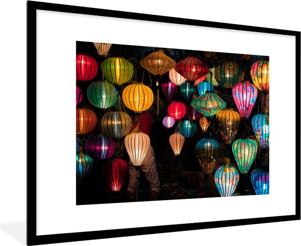 MuchoWow Gerahmtes Poster Laternen in Vietnam 90x60 cm - Poster mit Schwarzem Bilderrahmen Wandposter Rahmen Foto Bilder - Wanddekoration - Fotos