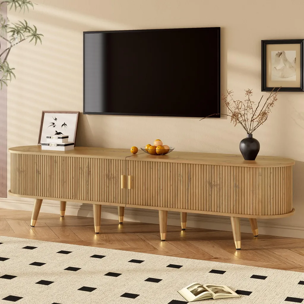 Grand Meuble TV de Salon 175cm avec Rangement Coulissant Rotin et Bois