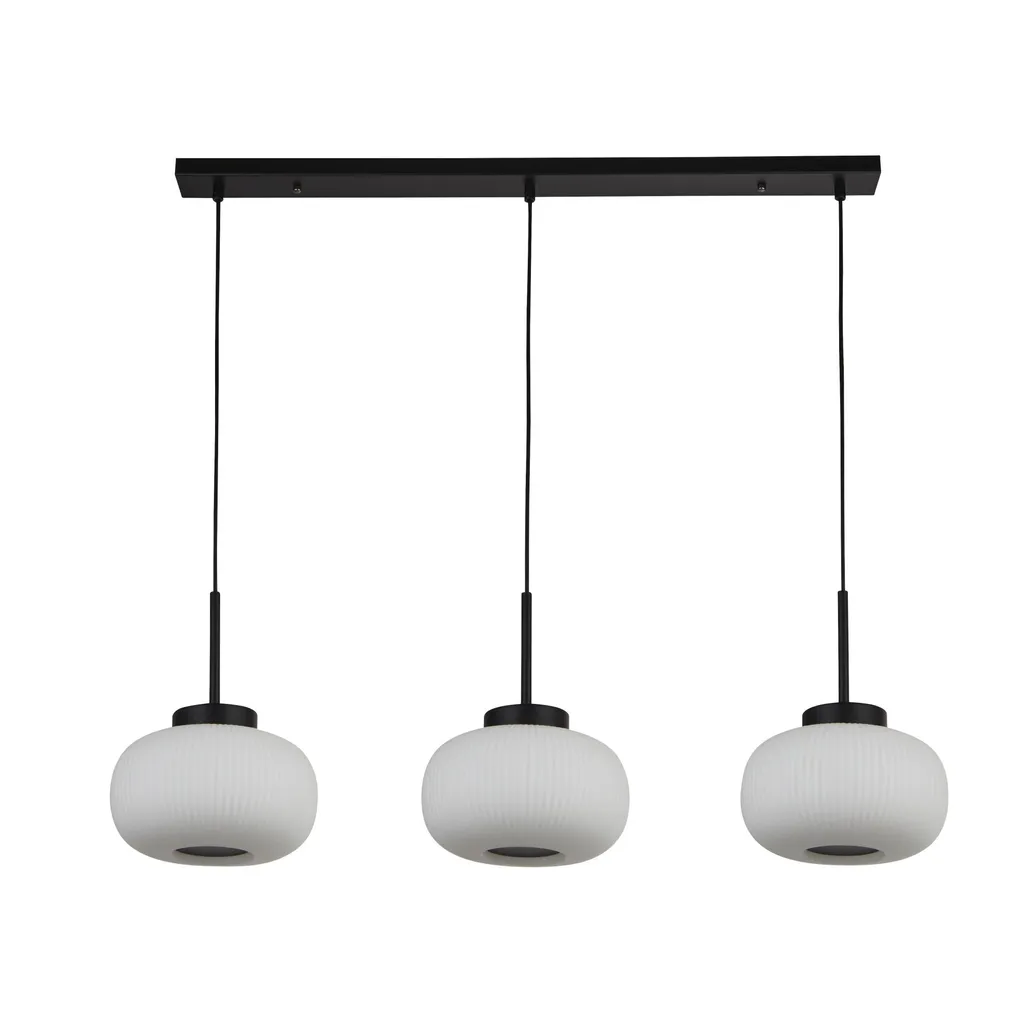 Lustre Suspension Moderne 3 Lampes en Verre Blanc Strié et Métal Noir