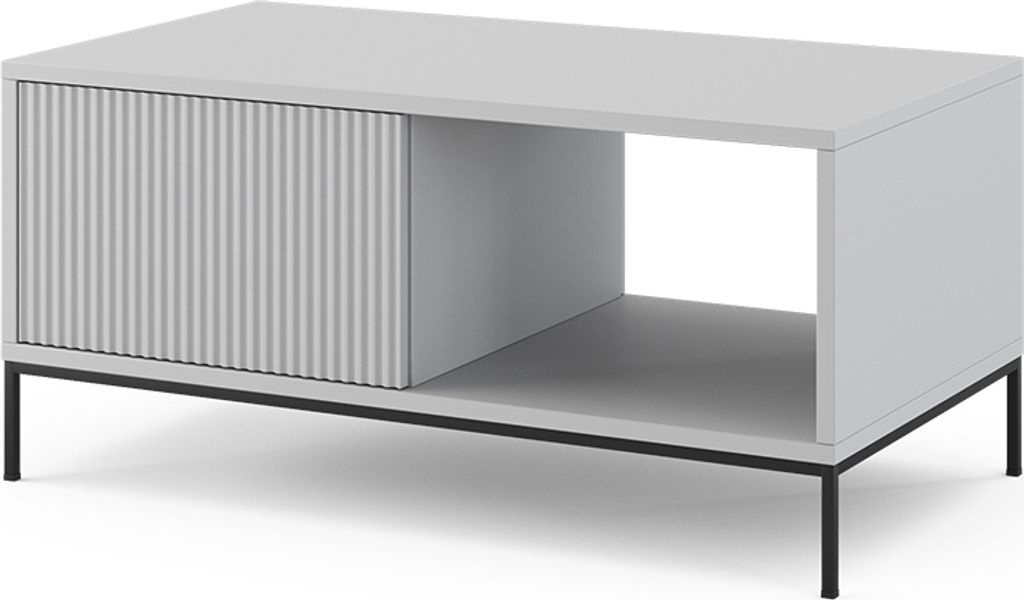 A light gray coffee table with a ribbed sliding door and an open shelf, shown from a slight angle on a white background.