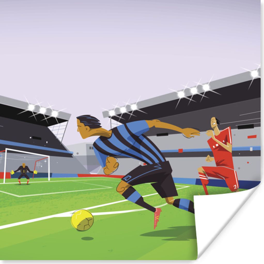 MuchoWow Poster Eine Illustration von Spielern, die in einem Stadion Fußball spielen - Junge - Mädchen - Kinder 75x75 cm - Wand Dekoration