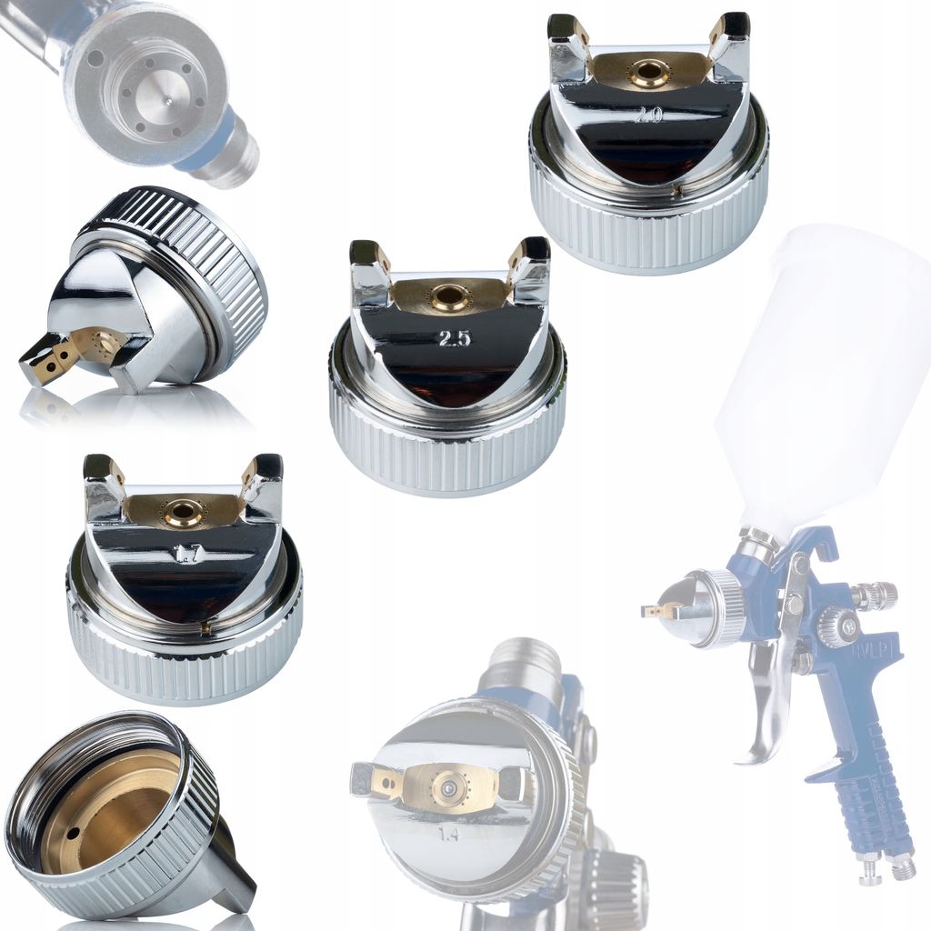 A collage of spray gun nozzles and a spray gun.